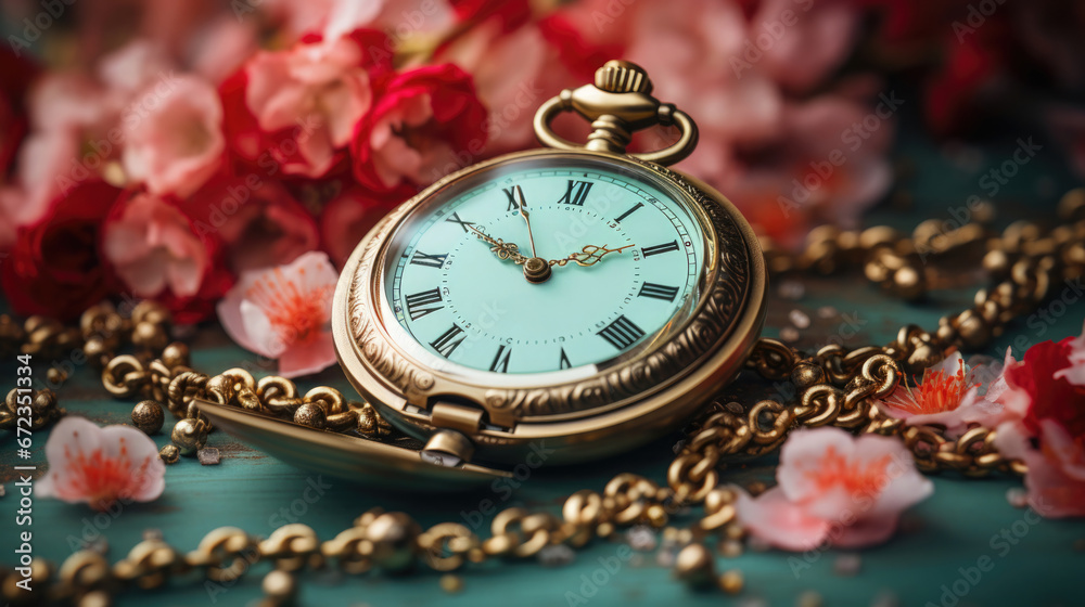 Close-up of a vintage pocket watch surrounded by scattered flower petals on an aqua background, spring time