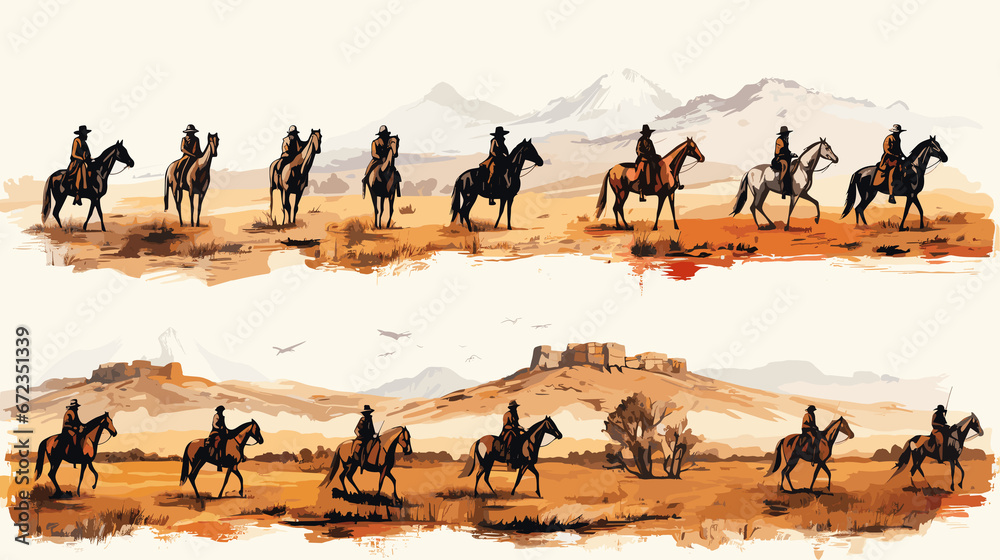 vector of gauchos on horseback in Patagonia, Argentina, illustration of cowboys - obrazy, fototapety, plakaty 
