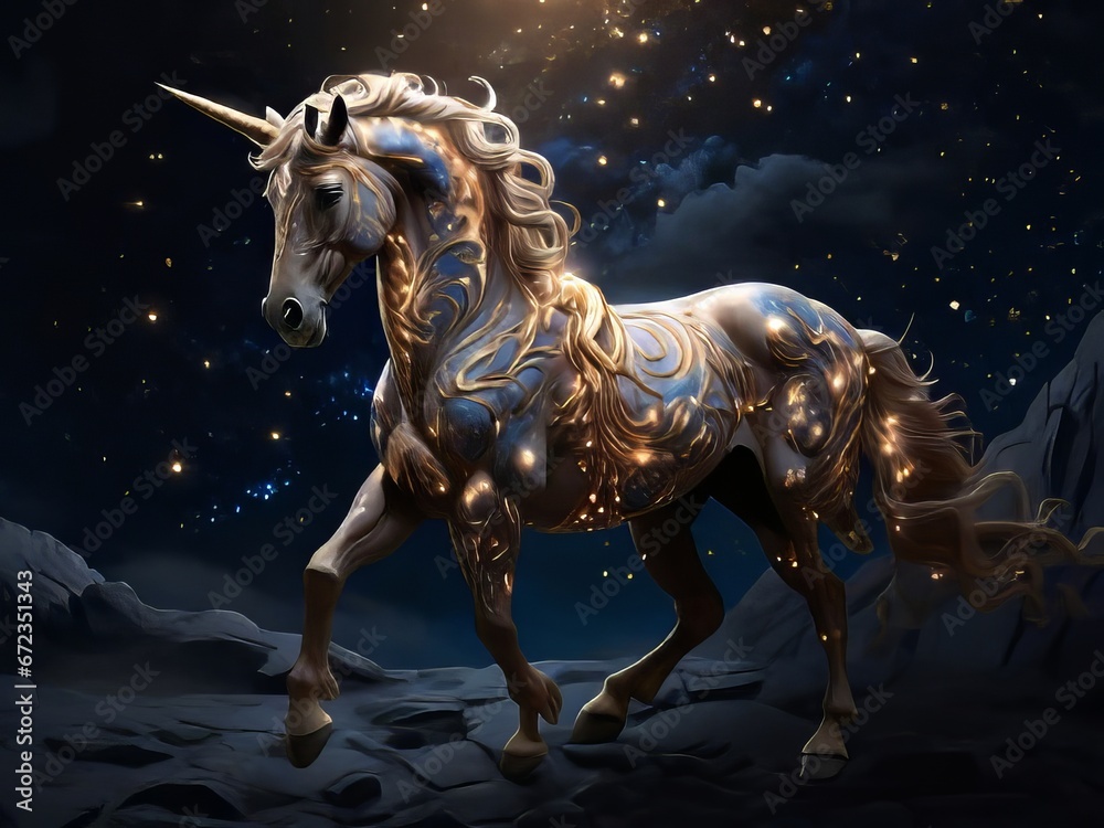 un unicornio celestial radiante atraviesa con gracia el cielo nocturno, envuelto en un resplandor etéreo que ilumina la oscuridad - obrazy, fototapety, plakaty 
