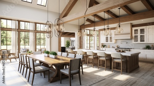 Stunning kitchen and dining room in new luxury home. Wood beams and elegant pendant lights accent this beautiful open-plan dining room and kitchen stock photo 8k 