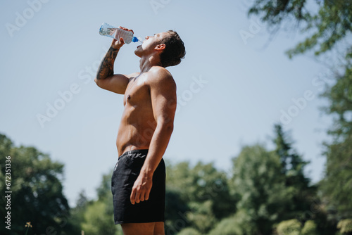 Fototapeta Naklejka Na Ścianę i Meble -  Caucasian athlete rests while showcasing strong muscles outdoors. Taking a refreshing drink of water after practicing in the park inspires fitness and motivation for better physical results.