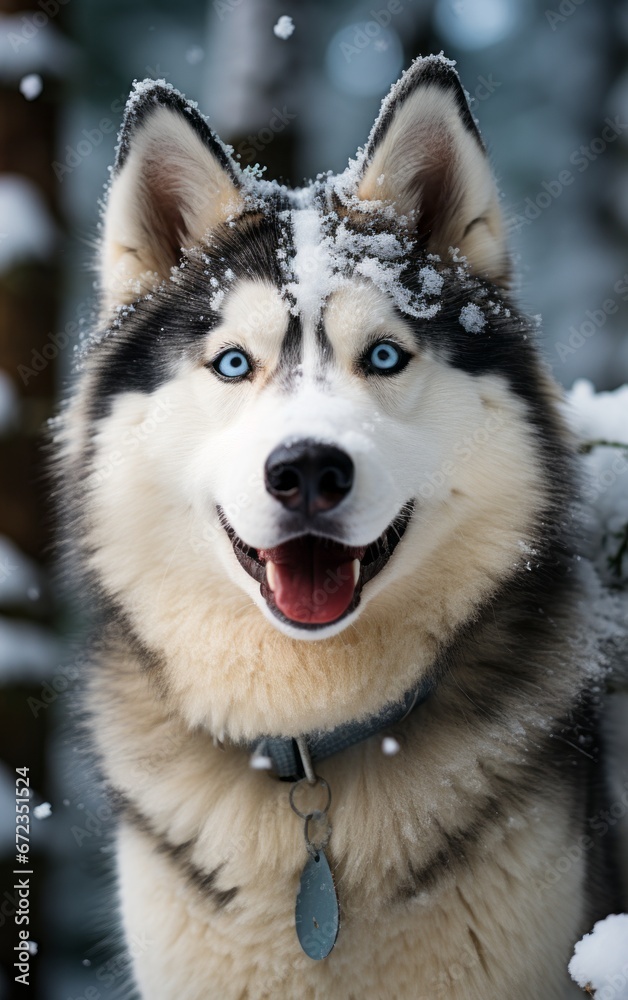 Siberian husky dog with blue eyes in winter forest.