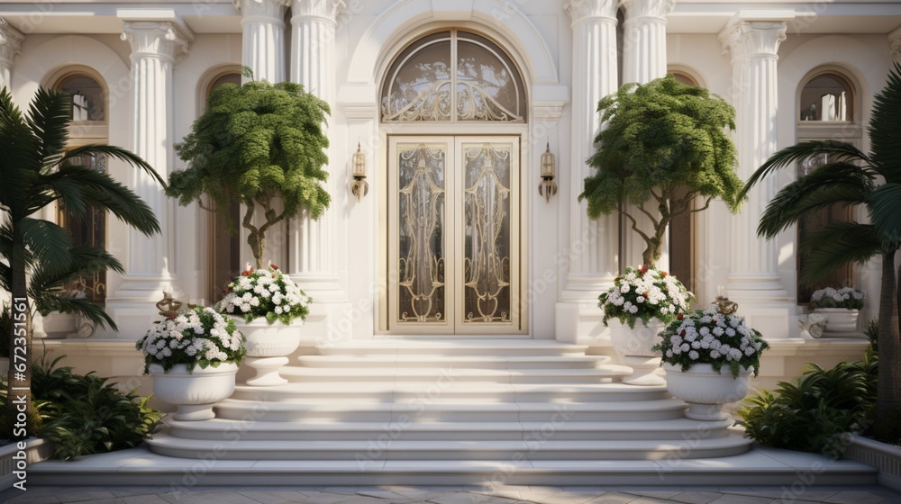 Stylish entrance to prestige mansion with white walls and plants around building 8k,