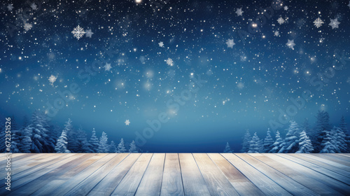 Serene winter backdrop of sparkling snowflakes falling against a blue sky, with a textured wooden platform in the foreground.