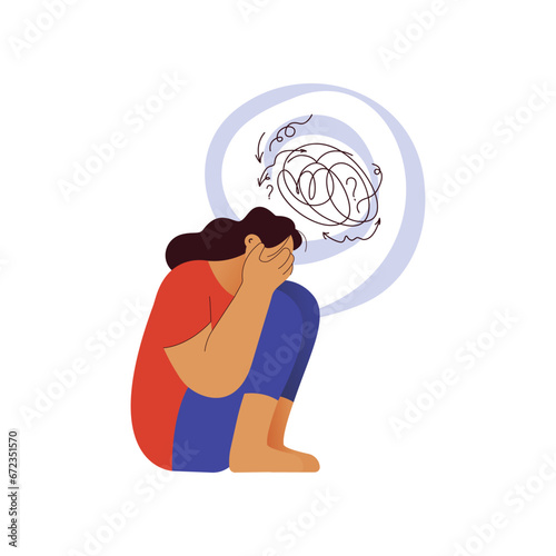 Mental disorders illustration. Frustrated woman with nervous problem feel anxiety and confusion of thoughts, closing face with palms in despair. Vector flat illustration