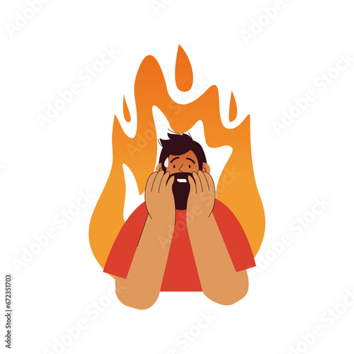 Professional burnout syndrome. Man in stress under pressure, fire on the background. Mental disorder problems. Modern vector flat illustration