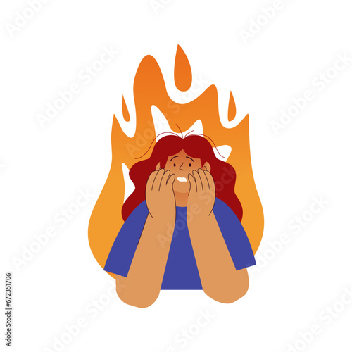 Professional burnout syndrome. Woman in stress under pressure, fire on the background. Mental disorder problems. Modern vector flat illustration