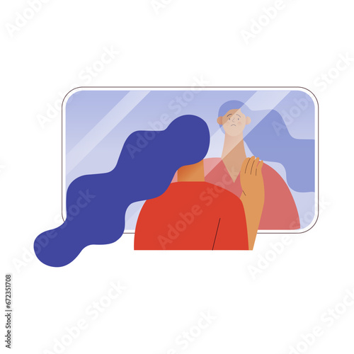 Imposter syndrome. Mental psychological disorder. Doubt, low self-esteem. Female doubtful in skills, talents looking in mirror. Modern vector illustration isolated on white background
