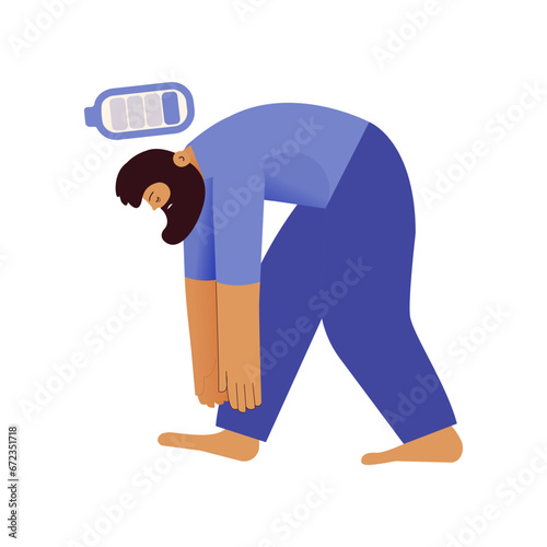 Laziness, Fatigue, Apathy, Depression Concept. Tired male suffering under the weight of problems and obligations. Low battery icon. Modern vector illustration