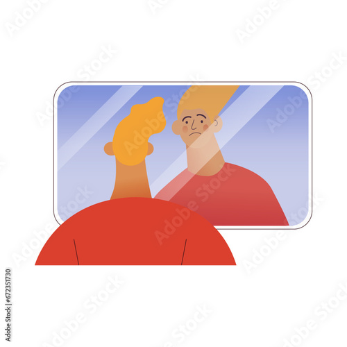 Imposter syndrome. Mental psychological disorder. Doubt, low self-esteem. Male doubtful in skills, talents looking in mirror. Modern vector illustration isolated on white background