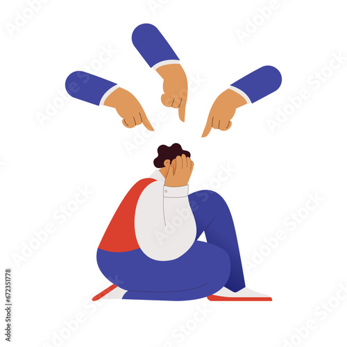 Fear of criticism, social opinion, bullying. The depressed man is surrounded by mocking gestures.
Anxious about other people judging, evaluating, blaming. Modern flat vector illustration.