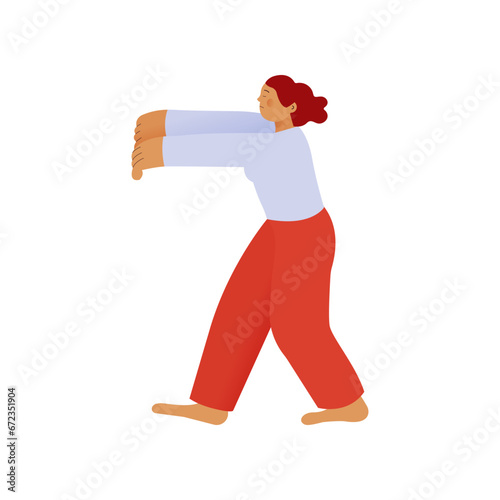 Young woman sleepwalking at night. Somnambulist walking in his dream with raised hands isolated on white background. Modern flat vector illustration