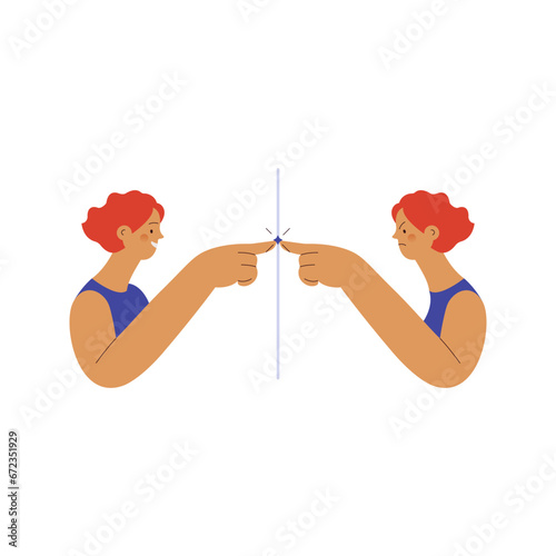 Imposter syndrome. Mental psychological disorder. Doubt, low self-esteem. Female doubtful in skills, talents looking in mirror. Modern vector illustration isolated on white background