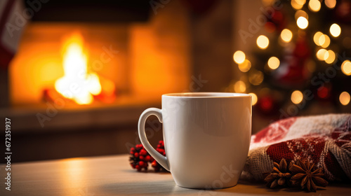 A cup with hot tea on the background of a blurry decorated Christmas tree and fireplace