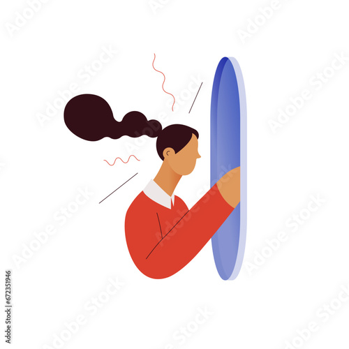 Inner monologue. Young woman approaching her hand into mirror. Mental health problems. Modern flat vector illustration