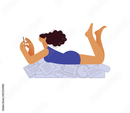 Procrastination concept. Woman with phone lies on documents and stationery oblivious to mess. Office worker spends working time on procrastination. Modern vector flat illustration