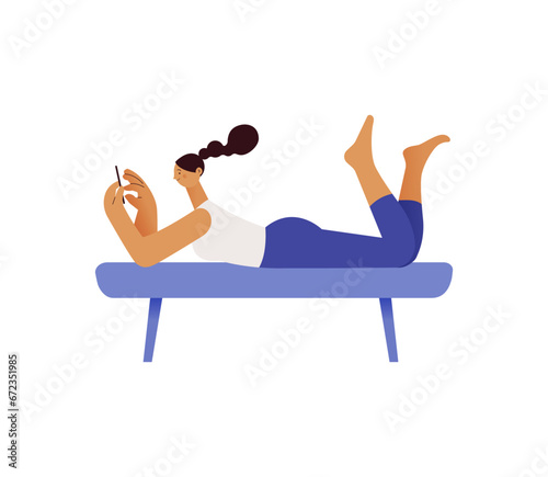 Procrastination mental disorder concept. Woman with phone lies on sofa. Modern vector flat illustration
