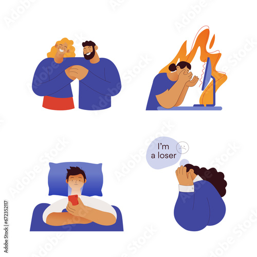 Collection of mental disorder cartoons. Self love, Burnout syndrome, Insomnia, Self doubt. Modern flat vector illustration