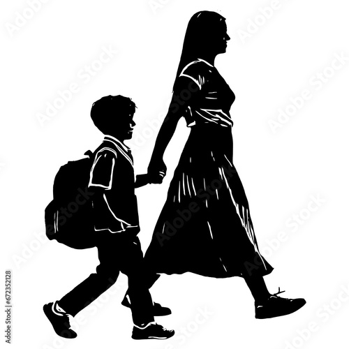 Vector of a mother and schoolboy walking and holding hands 