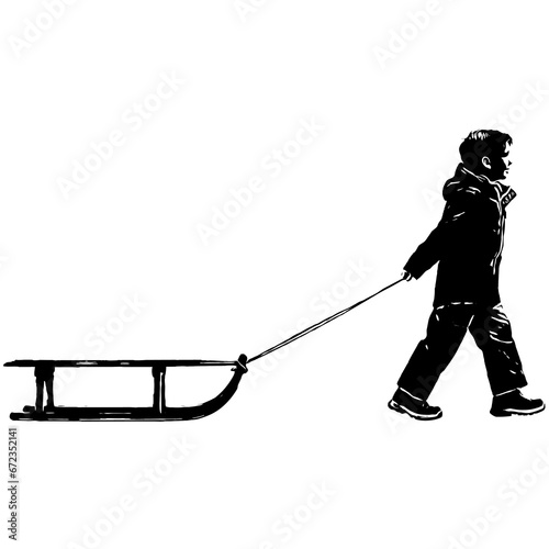 Vector illustration of a boy pulling a sleigh 