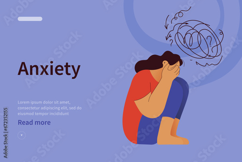 Mental disorders website concept. Frustrated woman with nervous problem feel anxiety and confusion of thoughts, closing face with palms in despair. Vector flat illustration