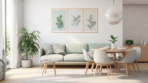 Stylish scandinavian living room with design mint sofa  furnitures  mock up poster map  plants and elegant personal accessories. Modern home decor. 