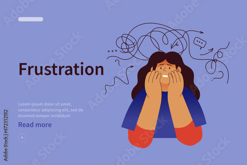 Mental disorders website concept. Frustrated woman with nervous problem feel anxiety and confusion of thoughts. Female with anxiety touch head surrounded by thoughts. Vector flat illustration