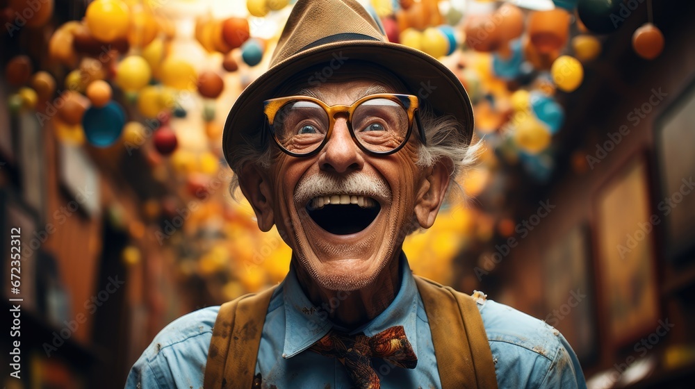 a man with glasses and a hat is making a silly face in front of a bunch ...