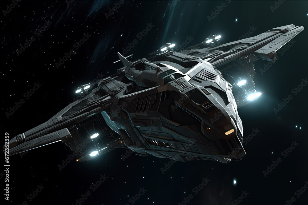 Naklejka premium IA illustration, vaisseau spatial futuriste volant dans l'espace sombre