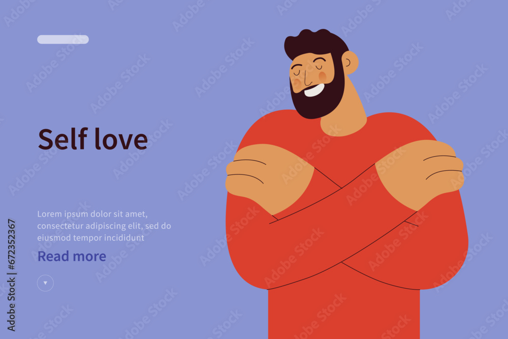 Self love website concept. Love yourself. Love your body concept. Take time for your self. Man hugging himself isolated. Modern flat vector illustration.