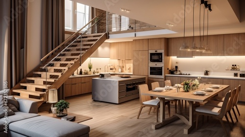 Stylish two-floor apartment with kitchen and dining area open to living room and wooden stairs to higher floor 8k, © Creative artist1