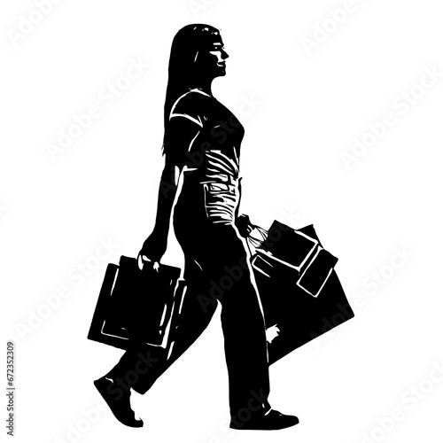 Vector of a young woman walking with shopping bags