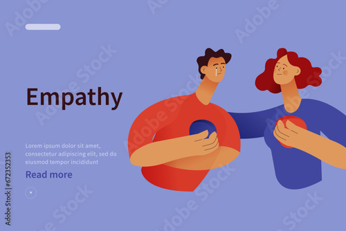 Empathy and friendship website concept. Female comforting her sad male friend. Woman supports male with psychological problems. Modern vector flat illustration