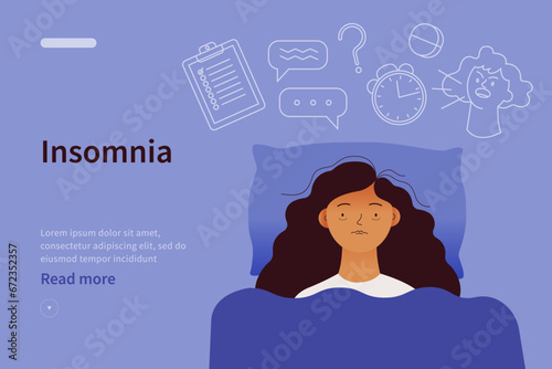 Young woman suffers from insomnia. Website concept. Mental problems. Girl lying in bed, thinking about deadlines, upset day, can not relax. Modern vector illustration isolated on white background