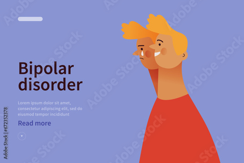 Bipolar disorder website concept. Young man suffering from bipolar disorder, psychological diseases, schizophrenia. Happy young man, ghostly sad twin behind. Modern flat vector illustration.