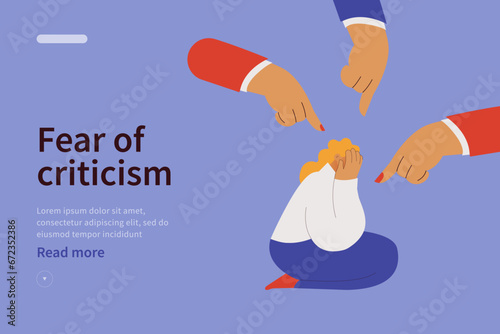 Fear of criticism website concept . The depressed woman is surrounded by mocking gestures. Anxious about other people judging, evaluating, blaming. Modern flat vector illustration.