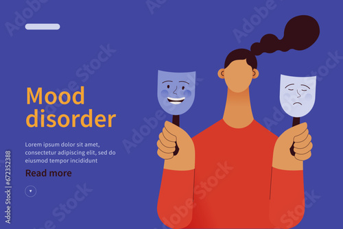 Mood disorder website concept. Woman choosing between two mood extremes masks. Modern flat vector illustration