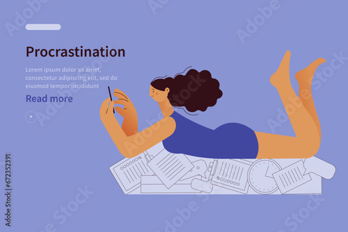 Procrastination website concept. Woman with phone lies on documents and stationery oblivious to mess. Office worker spends working time on procrastination. Modern vector flat illustration