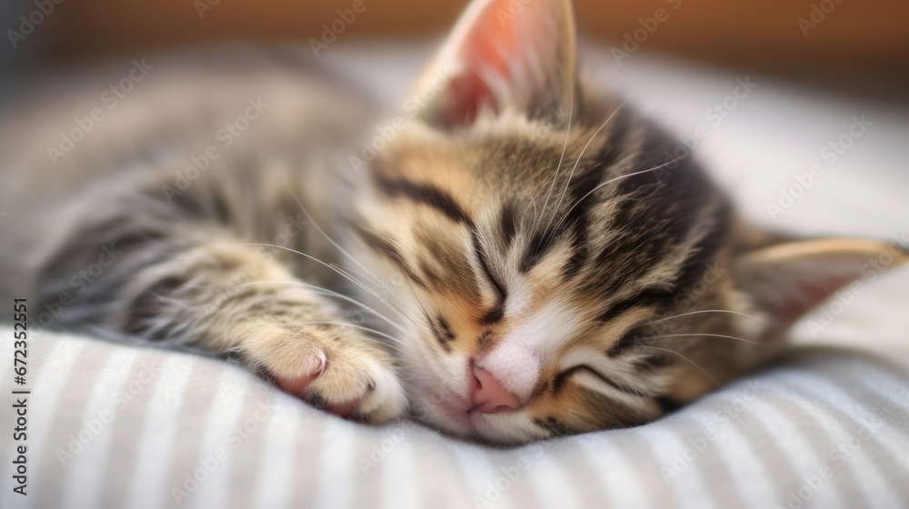 Young resting gray kitten with eyes closed on soft striped surface