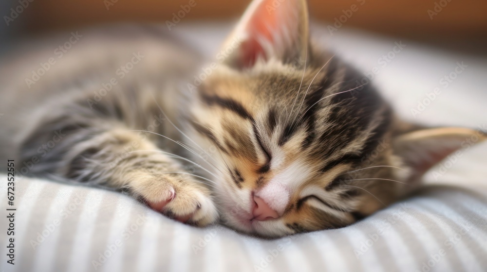 Young resting gray kitten with eyes closed on soft striped surface Young resting gray kitten with eyes closed on soft striped surface