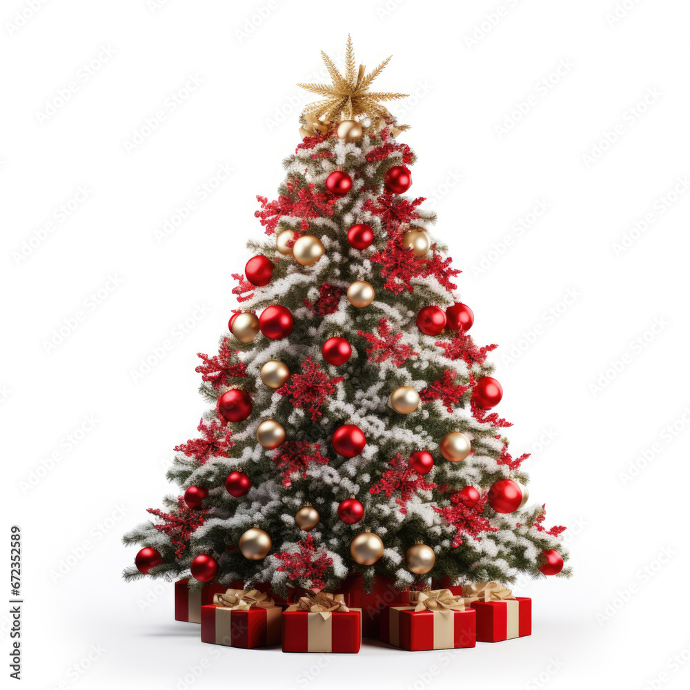 Beautifully decorated Christmas tree adorned with red and gold ornaments, surrounded by wrapped gifts at its base.