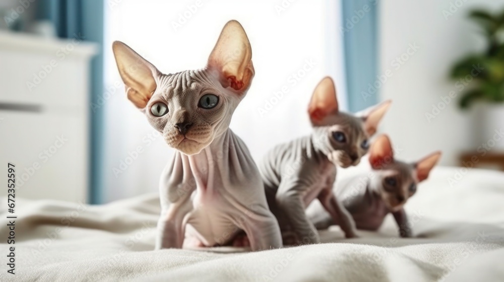 Hairless Sphynx cat and her kittens explore the inside of the house together
