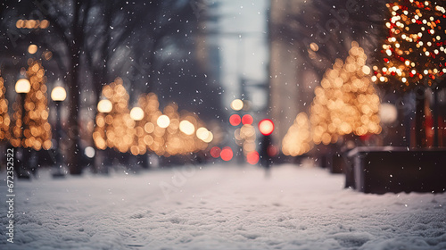 IA, ambiance de fête de noël avec des gens qui marchent dans la rue, neige et lumières floues