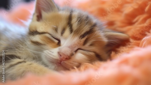 Sleeping kitten with striped fur on fluffy orange blanket © Irina