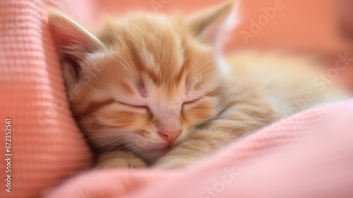 Cute sleeping red-haired kitten with slightly striped fur on a fluffy pink blanket © Irina