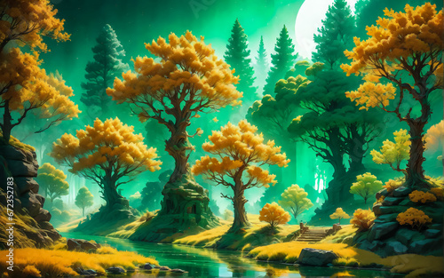 Fantastic landscape with emerald background. AI