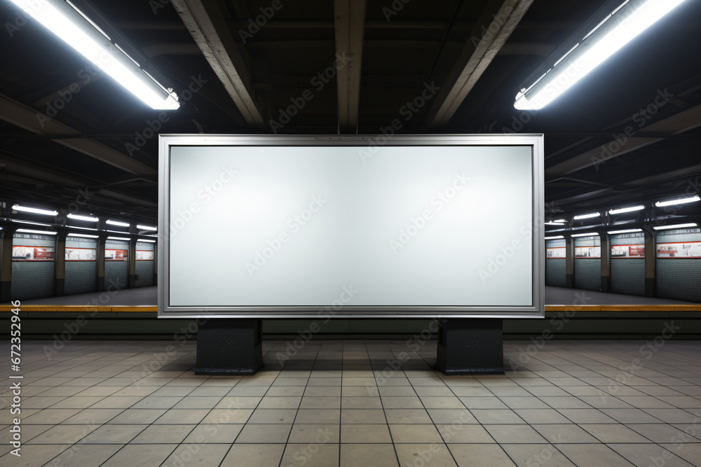 subway station with blank advertisement and yellow line