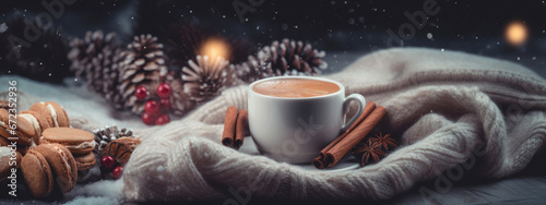 A cozy winter scene featuring a warm cup of coffee surrounded by candles, cinnamon, star anise, and pinecones, all set against a snowy backdrop with a soft woolen blanket. photo