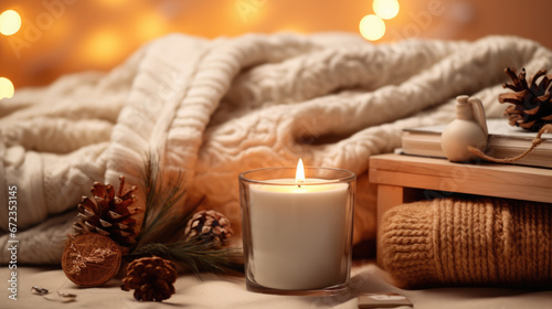 A serene setting displays a lit candle, pinecones, wrapped presents, and a soft knitted blanket, all evoking a cozy and festive Christmas atmosphere.
