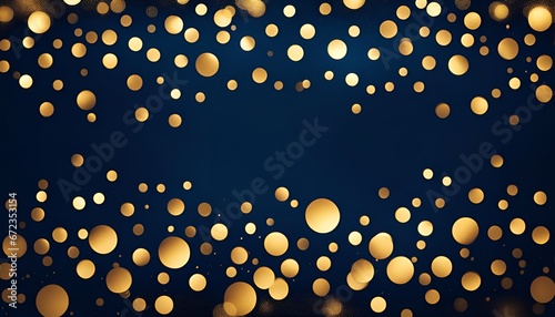 Golden foil bokeh on navy blue background. Various sized gold circle flakes on top and bottom with space in middle.